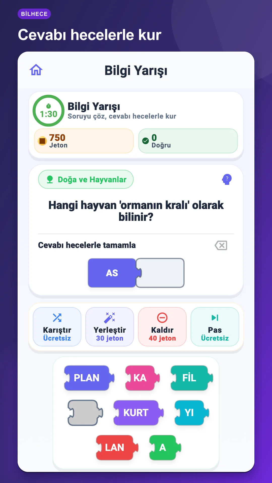 BilHece Bilgi Yarışı ekranında Türkçe sorunun cevabını renkli hece bloklarıyla kurma
