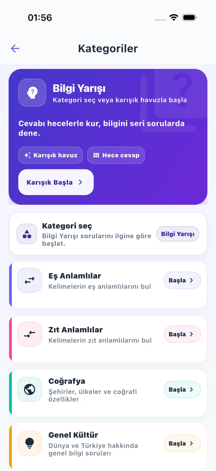 BilHece uygulamasında Bilgi Yarışı kategori seçimi ekranı