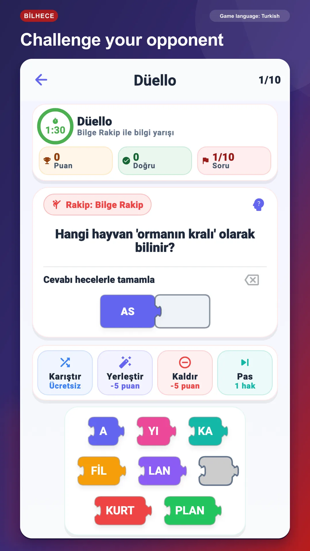 BilHece Duel screen showing a Turkish quiz answer built from syllable blocks against an opponent