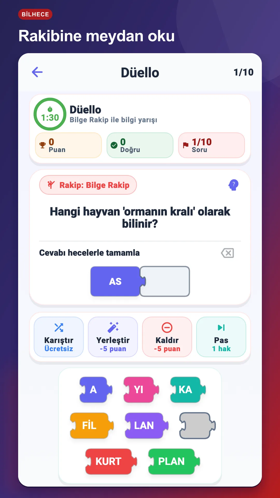 BilHece Düello ekranında rakibe karşı aynı soruyu hece bloklarıyla yanıtlama