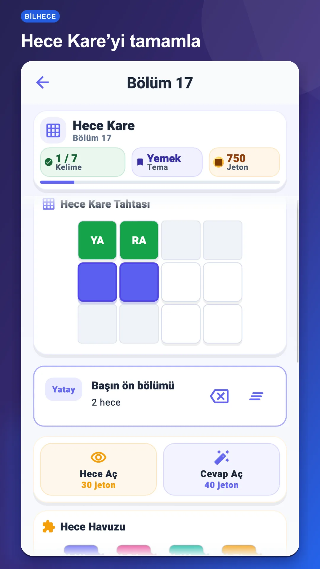 BilHece Hece Kare ekranında ipuçlarıyla hece tabanlı kare bulmaca çözme