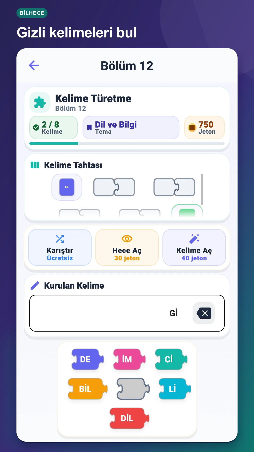 BilHece Kelime Türetme ekranında ortak hece havuzundan gizli kelimeler oluşturma