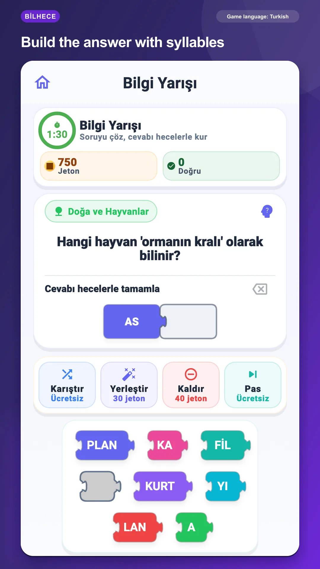 BilHece Quiz screen showing a Turkish answer being built from colorful syllable blocks