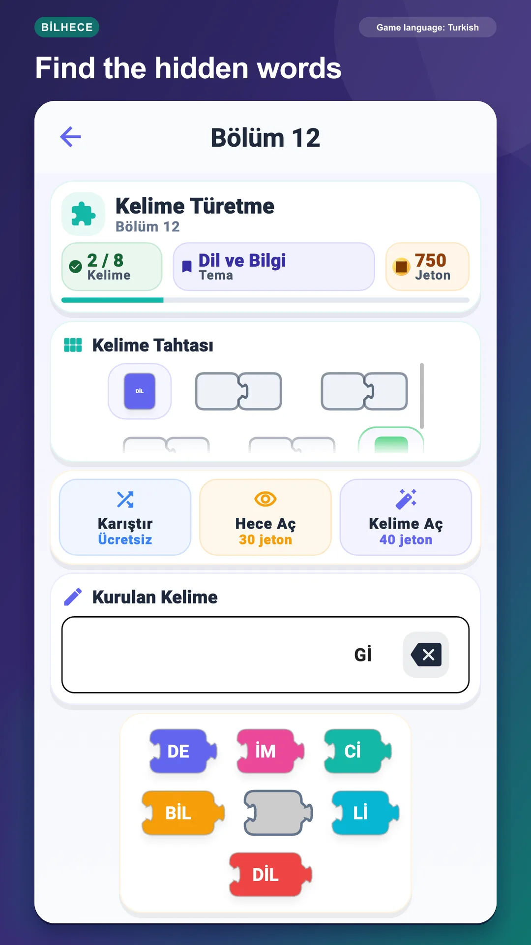 BilHece Word Builder screen showing hidden Turkish words formed from a shared syllable pool